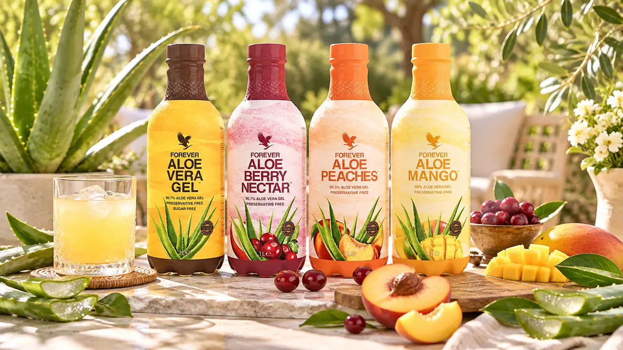 Vier Varianten der Aloe-vera-Getränke von Forever Living