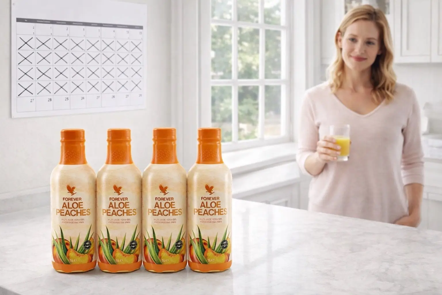 Vier Flaschen Forever Aloe Peaches im 4-Pack