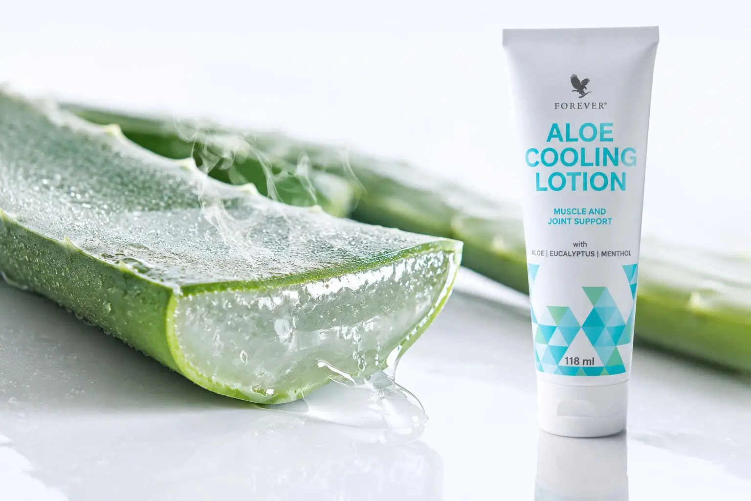 Aloe Cooling Lotion – Tube neben Aloe-Blättern