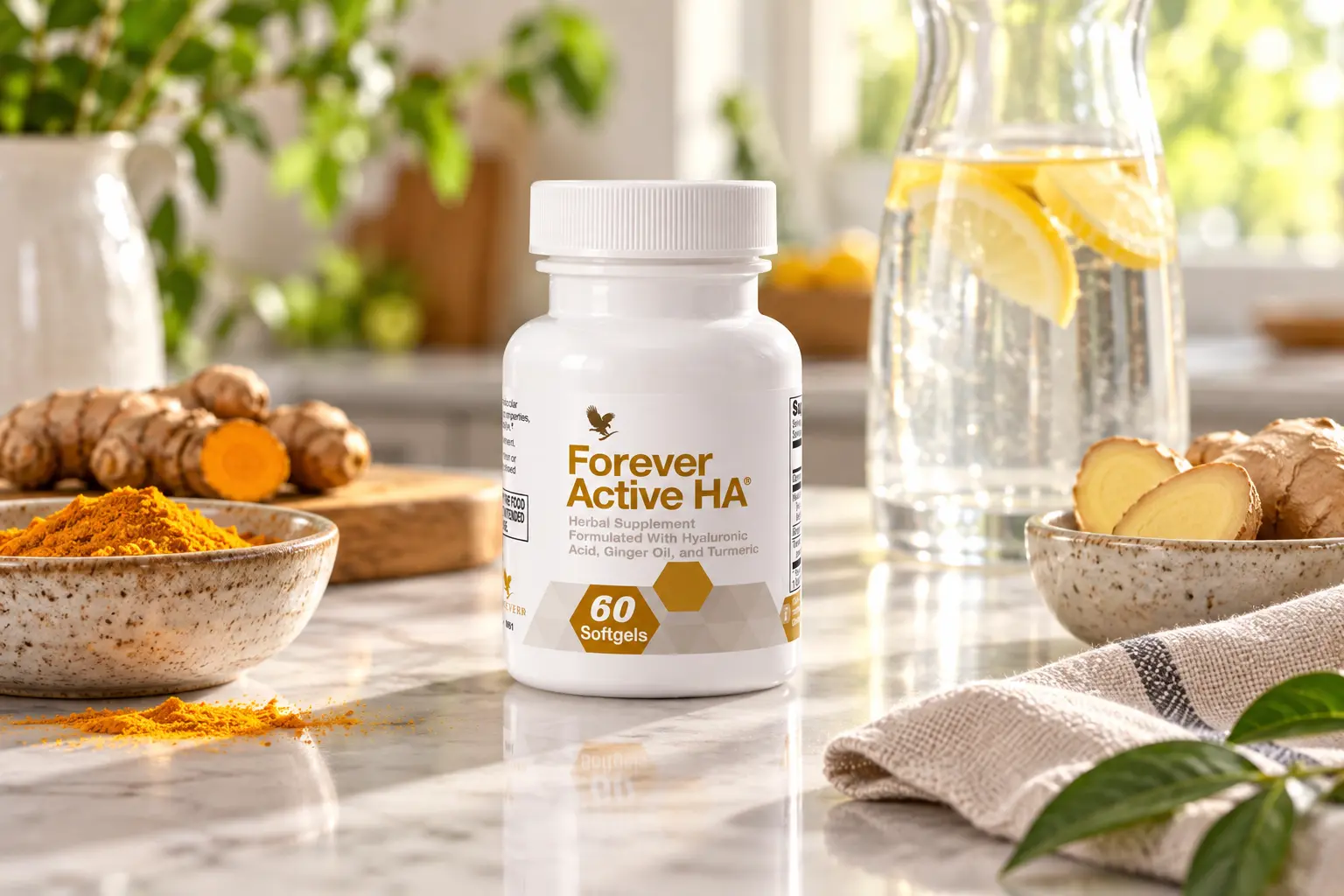 Forever Active HA in einer ruhigen Küchenszene mit Ingwer und Kurkuma