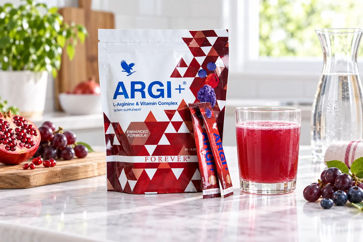 Zubereitung eines Beutels Forever ARGI+ in Wasser